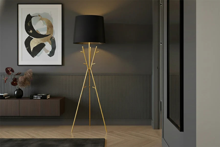 Lampadar Invicta Interior WARDROBE 175 cm, Suport Auriu Stil Cuier și Abajur Textil Negru Orientabil