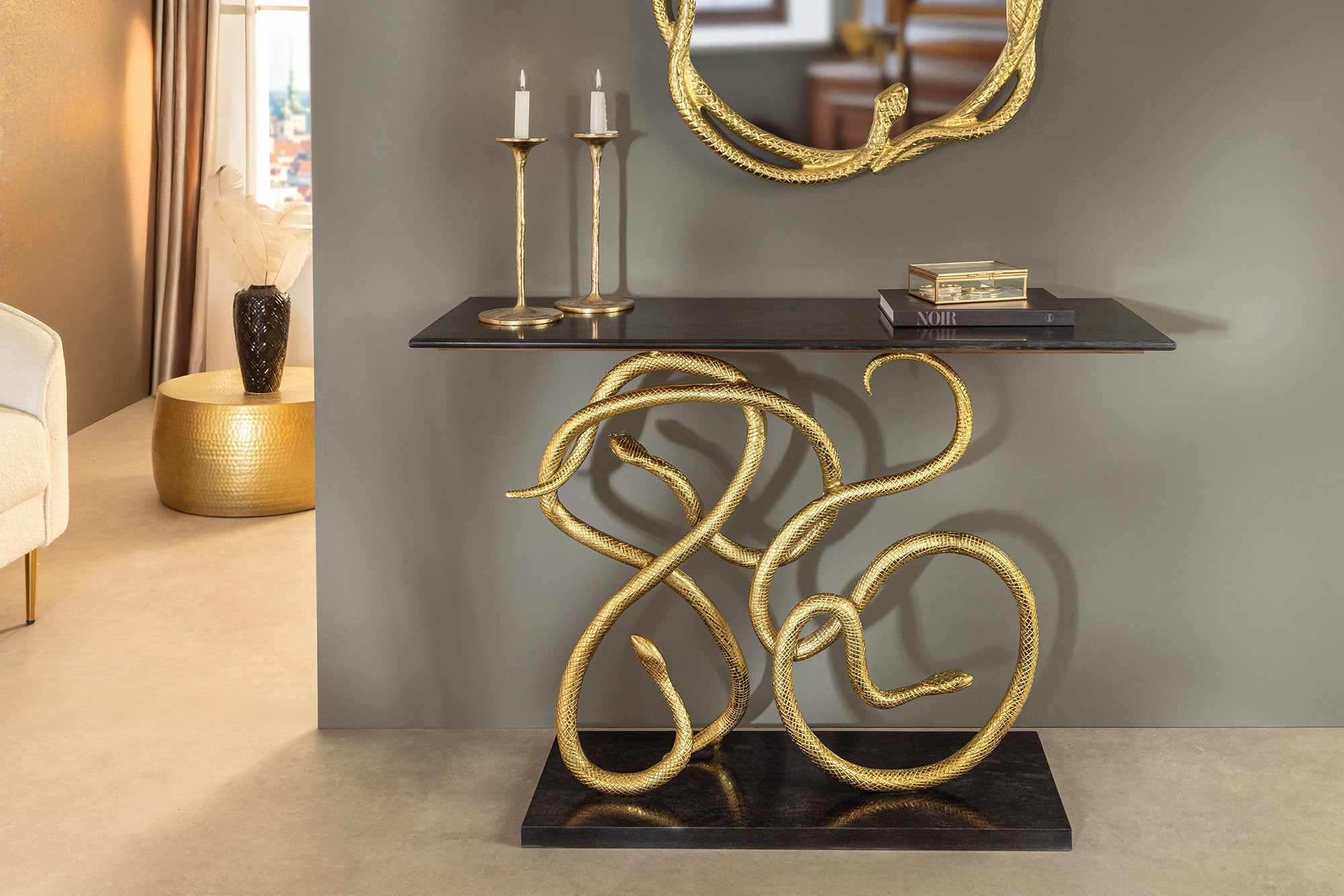 Invicta Consolă WILDLIFE SNAKE - 115cm | Marmură, Negru | 115x79x41 cm