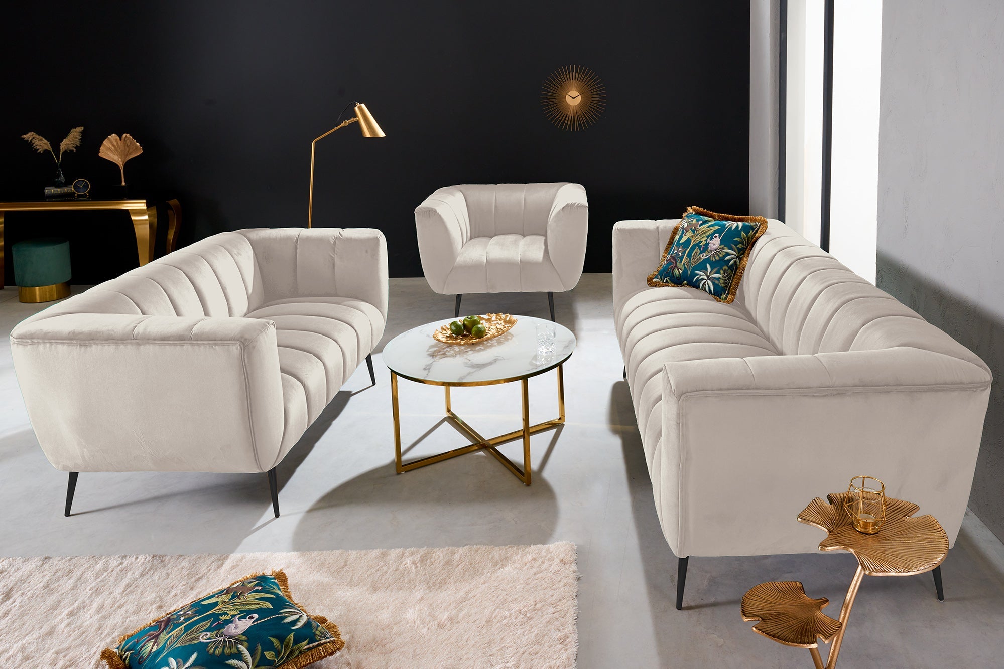 Invicta Canapea NOBLESSE - 165cm, 2 Locuri | Catifea, Țesătură Texturată, Negru | 165x78x90 cm