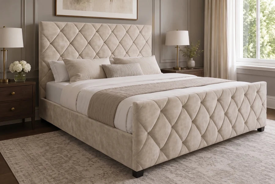 Invicta Pat Tapițat Invicta Interior ELYSIUM 160x200 cm, Catifea Bej Șampanie, Model Diamant, Somieră și Spațiu de Depozitare