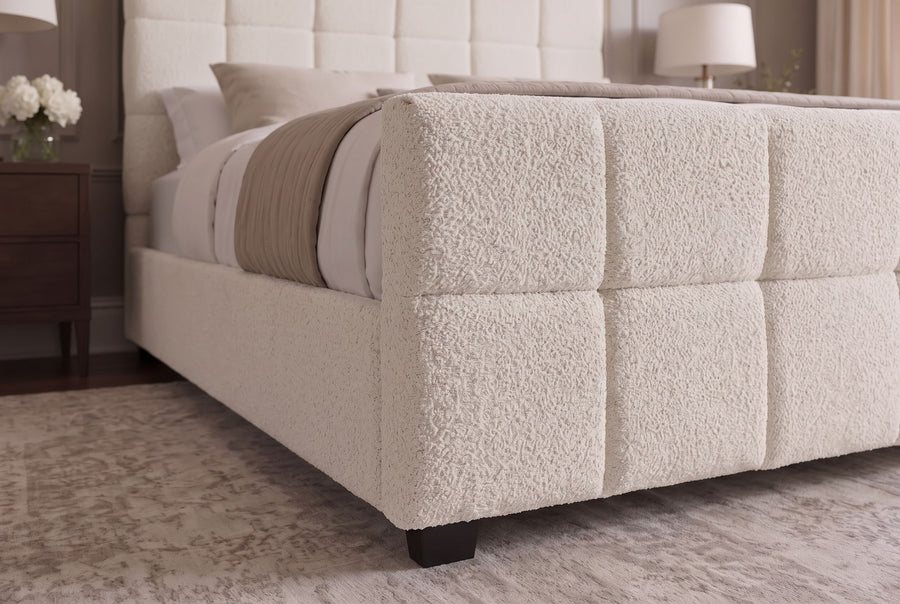 Pat Tapitat PRESTIGE 180x200 cm cu Spațiu de Depozitare și Somieră Inclusă, Țesătură Bouclé Crem