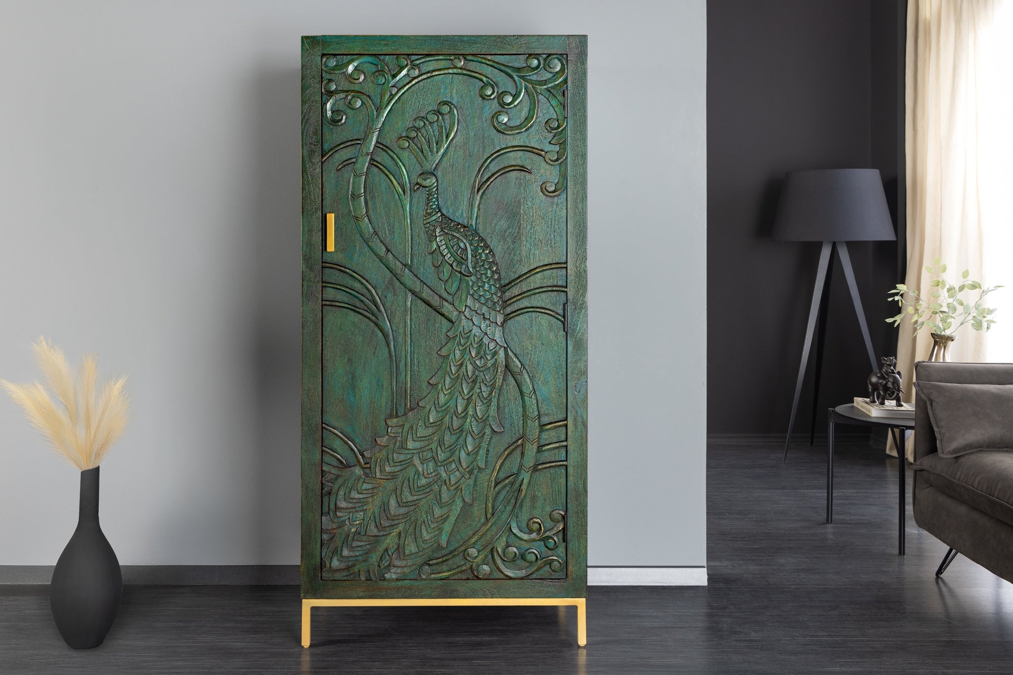 Invicta Vitrină înaltă PEACOCK - 170cm | Mango, Auriu | 72x166x45 cm