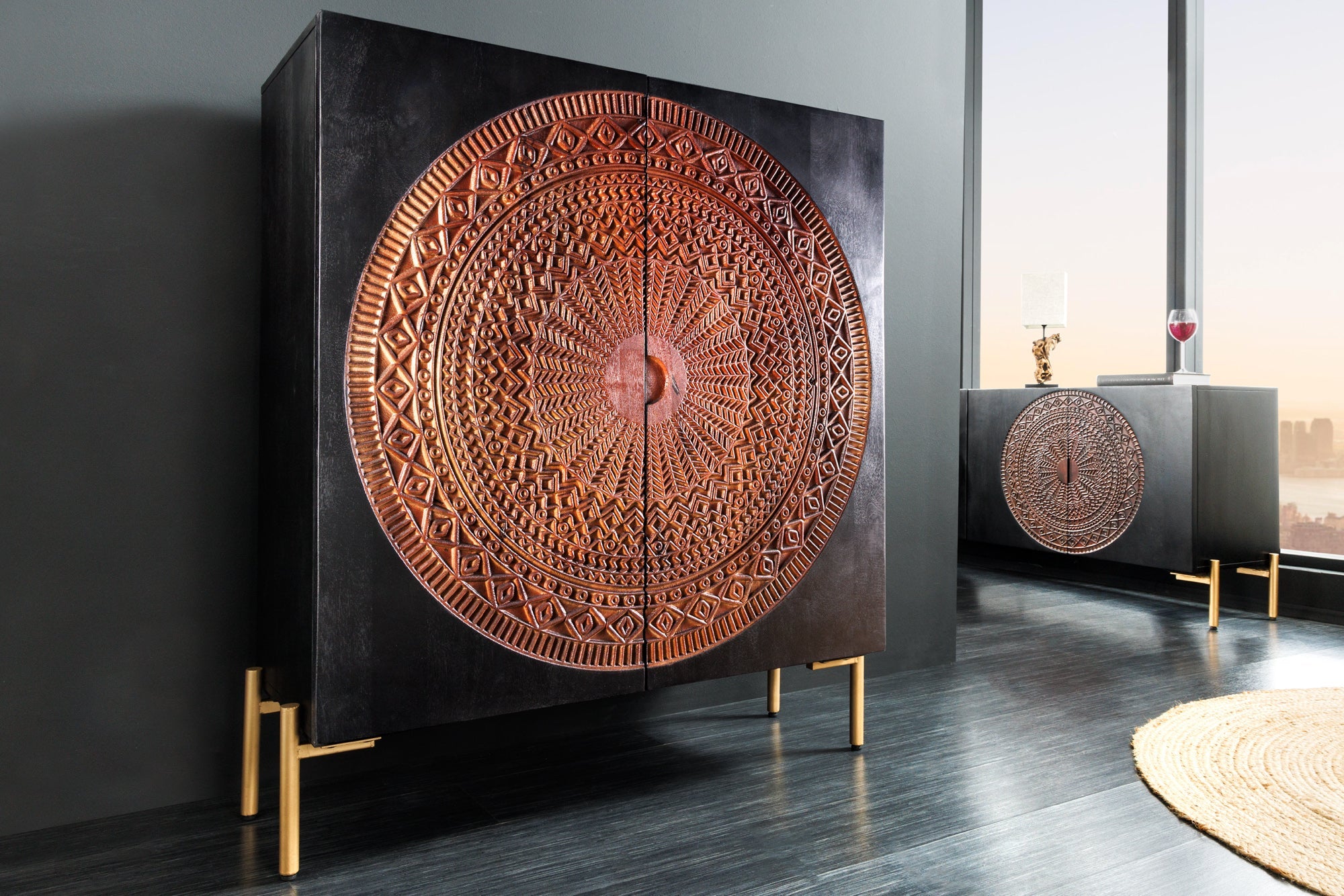 Invicta Vitrină înaltă MANDALA - 120cm | Mango, Negru | 105x120x38 cm