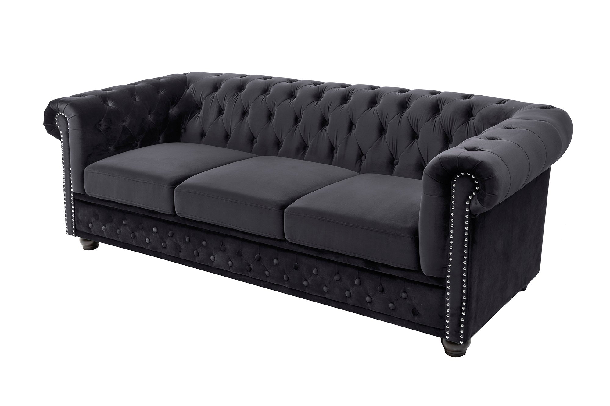 Invicta Canapea CHESTERFIELD - 205cm, 3 Locuri | Catifea, Negru | 205x73x85 cm