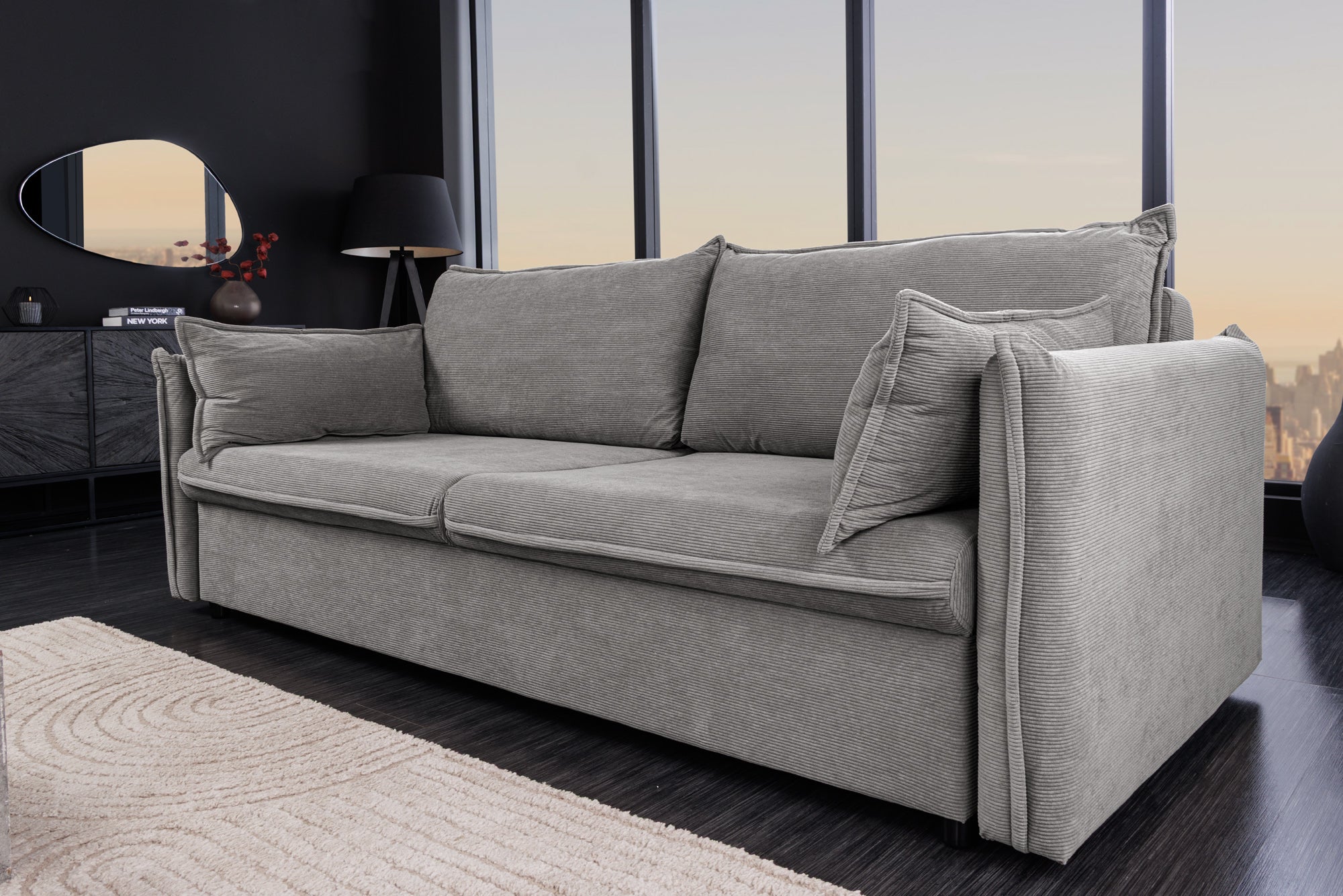 Invicta Canapea extensibilă APARTMENT - 215cm, 3 Locuri | Țesătură Cord, Gri | 215x90x100 cm