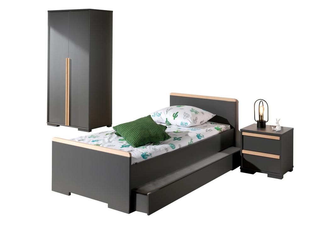Deze LONDON combinatie in antraciet bestaat uit een bed (90x200) met bijhorend rolbed, nachtkastje en 2-deurs kleerkast. - PARIS14A.RO