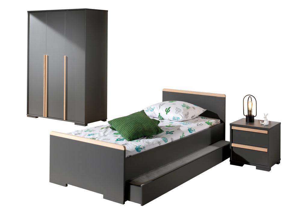 Deze LONDON combinatie in antraciet bestaat uit een bed (90x200) met bijhorend rolbed, nachtkastje en 3-deurs kleerkast. - PARIS14A.RO