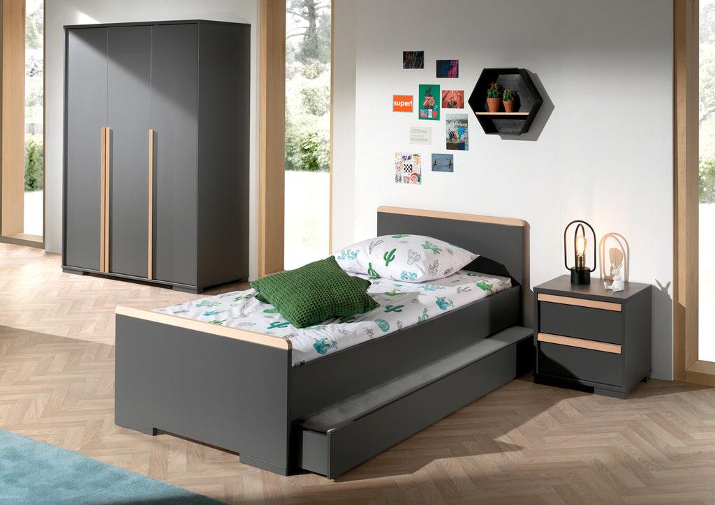Deze LONDON combinatie in antraciet bestaat uit een bed (90x200) met bijhorend rolbed, nachtkastje en 3-deurs kleerkast. - PARIS14A.RO