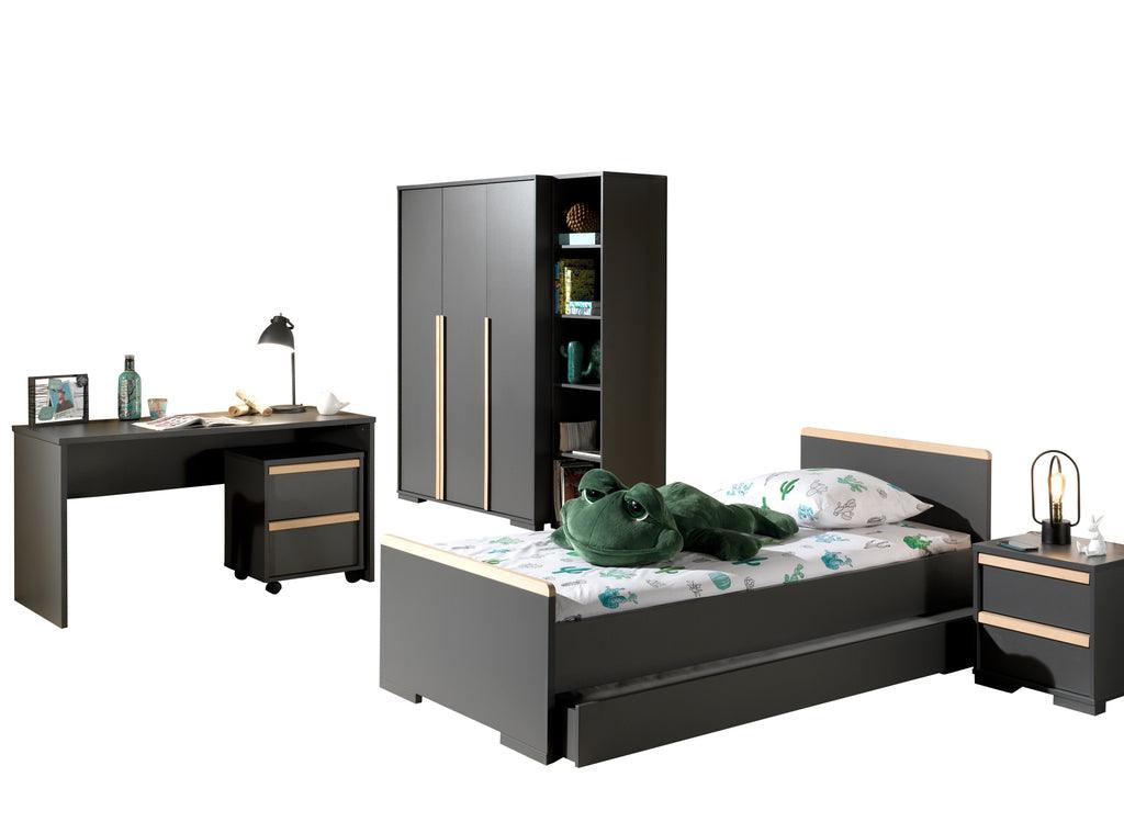 Deze LONDON combinatie in antraciet bestaat uit een bed (90x200) met rolbed, nachtkastje, 3-deurs kleerkast, bureau met rolcontainer en boekenkast. - PARIS14A.RO
