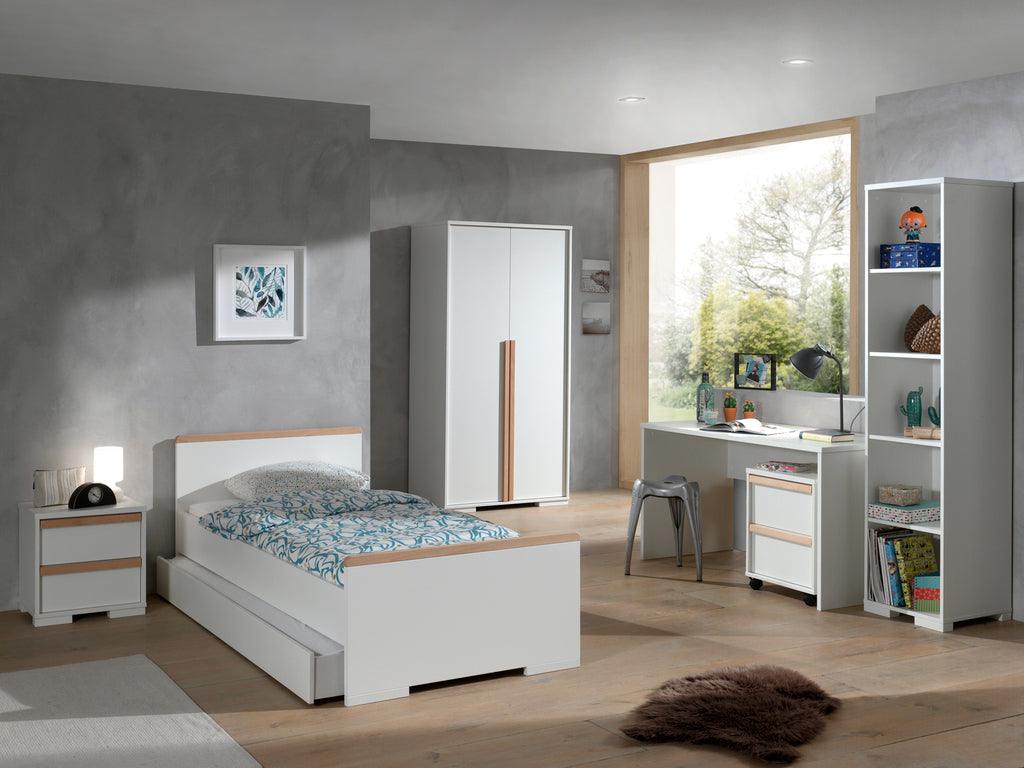 Deze LONDON combinatie in wit bestaat uit een bed (90x200) met rolbed, nachtkastje, 2-deurs kleerkast, bureau met bijhorende rolcontainer en boekenkast. - PARIS14A.RO