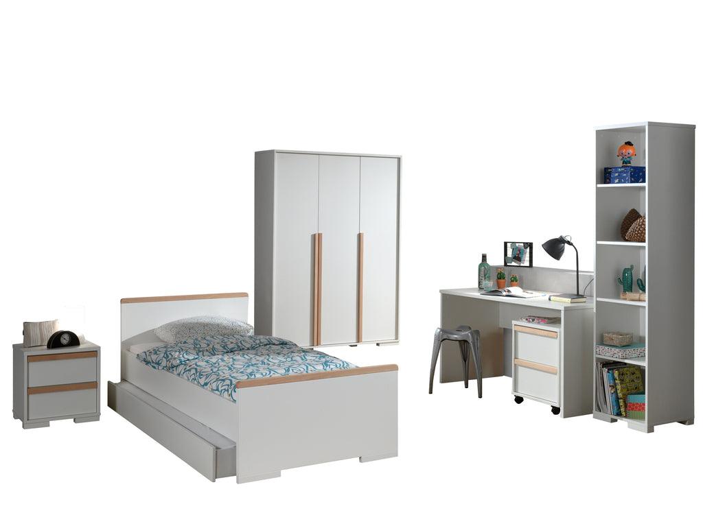 Deze LONDON combinatie in wit bestaat uit een bed (90x200) met rolbed, nachtkastje, 3-deurs kleerkast, bureau met rolcontainer en boekenkast. - PARIS14A.RO