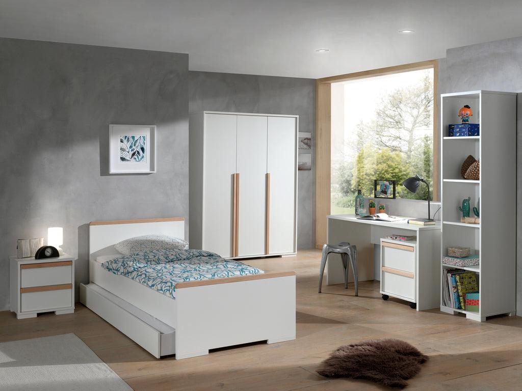 Deze LONDON combinatie in wit bestaat uit een bed (90x200) met rolbed, nachtkastje, 3-deurs kleerkast, bureau met rolcontainer en boekenkast. - PARIS14A.RO