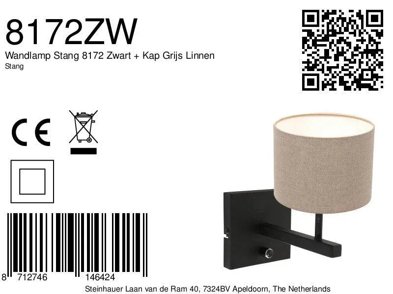 Lampă de perete Stang 8172 Negru + Abajur Gri din Lână - PARIS14A.RO