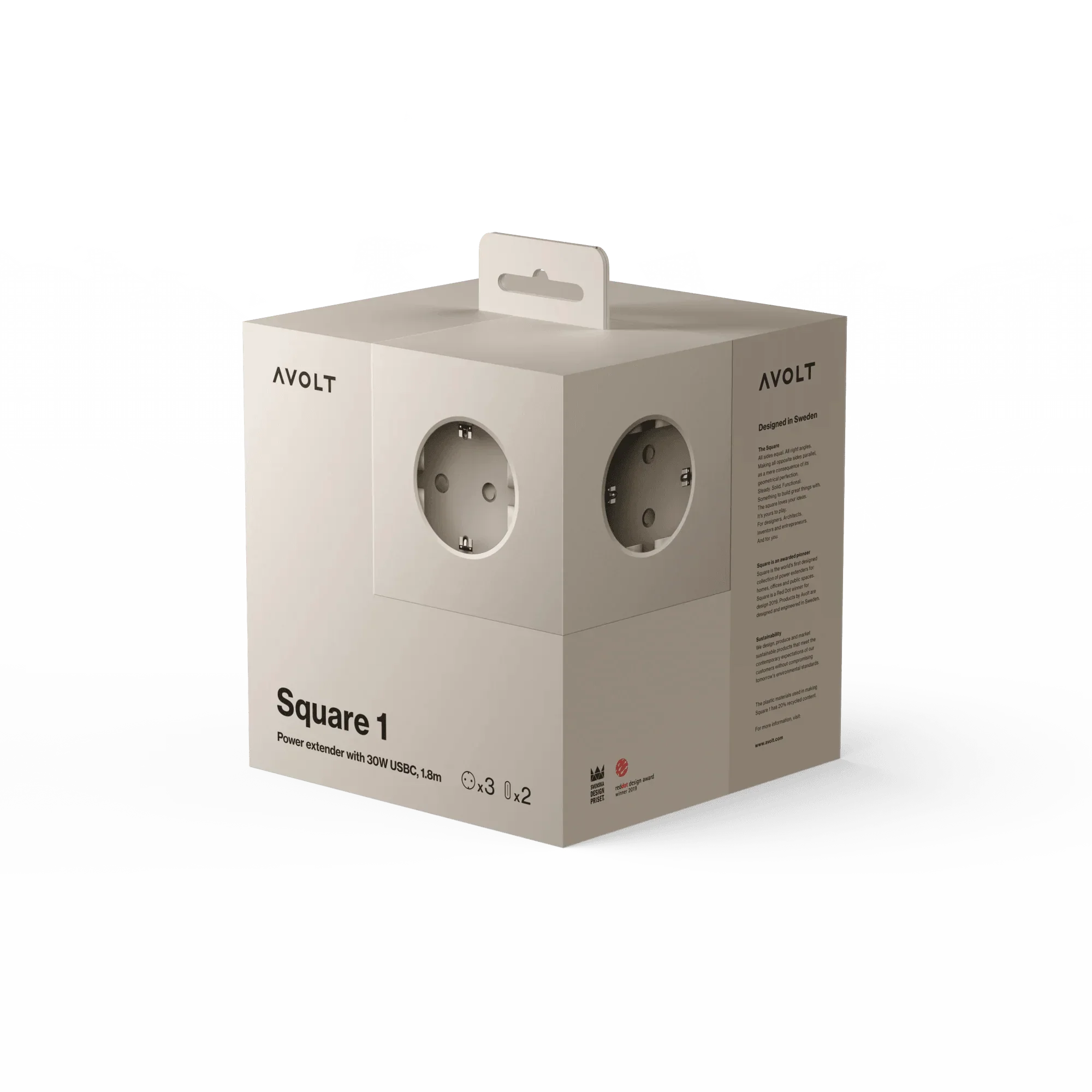 Prelungitor tip cub Square 1, 3 prize, 2 USB - Culoare Sand - Avolt - PARIS14A.RO