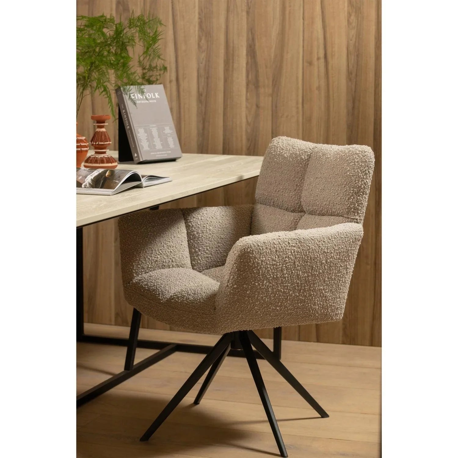 VINNY SWIVEL DINING CHAIR WITH ARMREST BOUCLÉ SAND - PARIS14A.RO