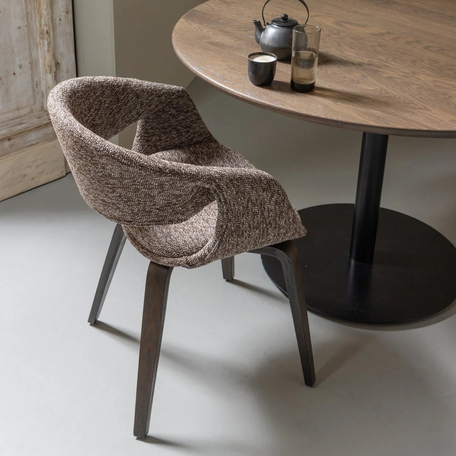 YOSSI DINING CHAIR BROWN WITH WOODEN LEG DARK BROWN