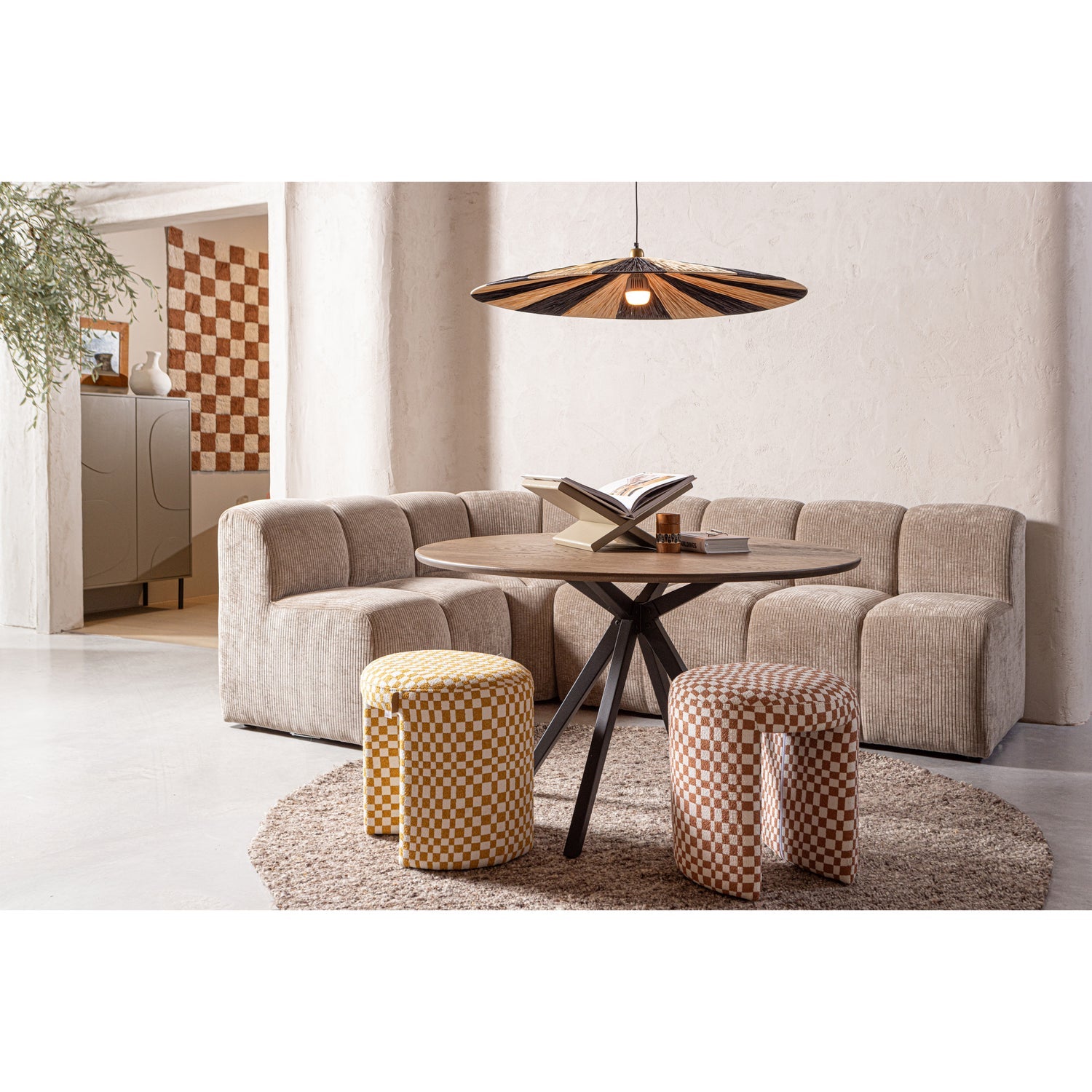 CHARLIE UPHOLSTERED STOOL CHECKERED PATTERN ORANGE