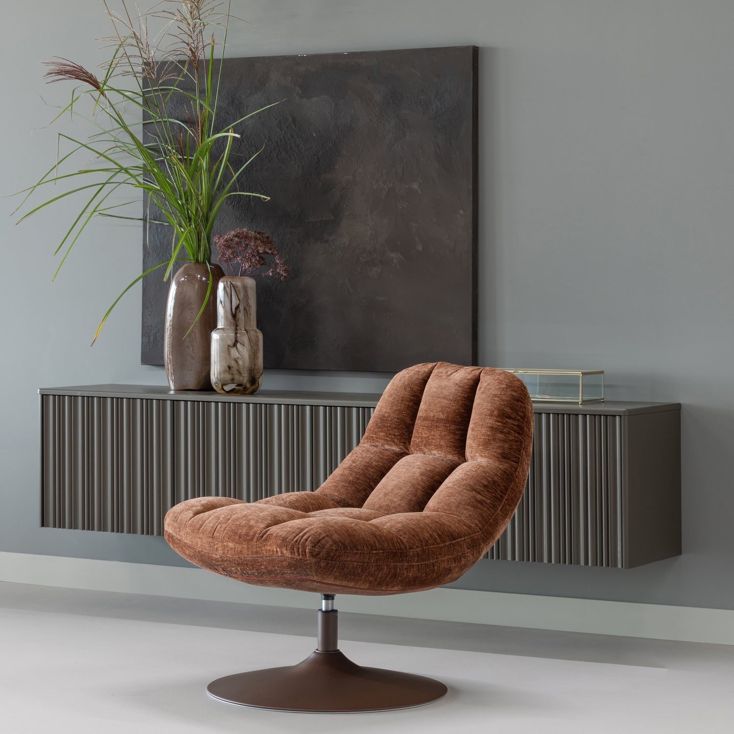 ELVI SWIVEL ARMCHAIR CHENILLE TEXTURED RUST BROWN