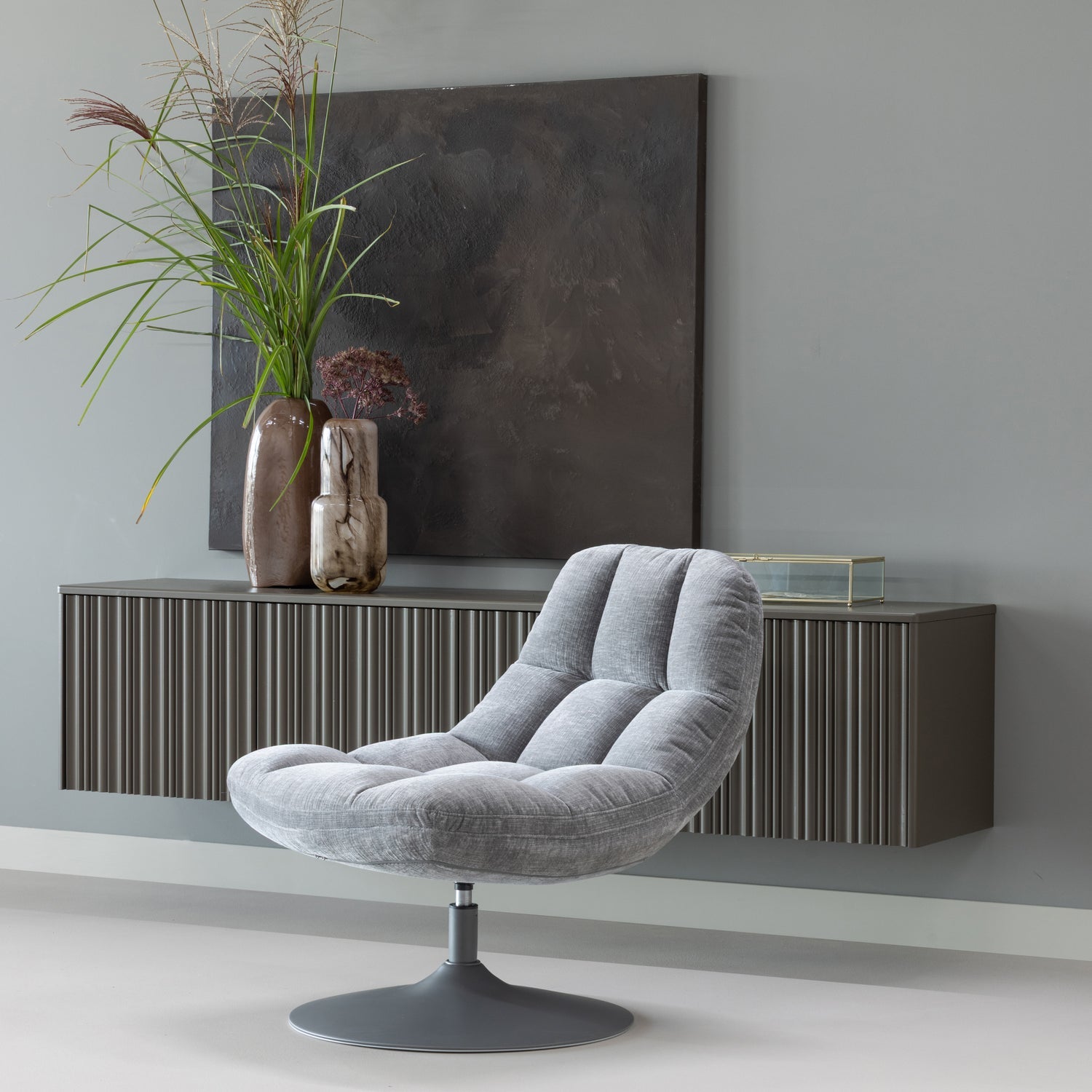 ELVI SWIVEL ARMCHAIR CHENILLE TEXTURED LIGHT GREY