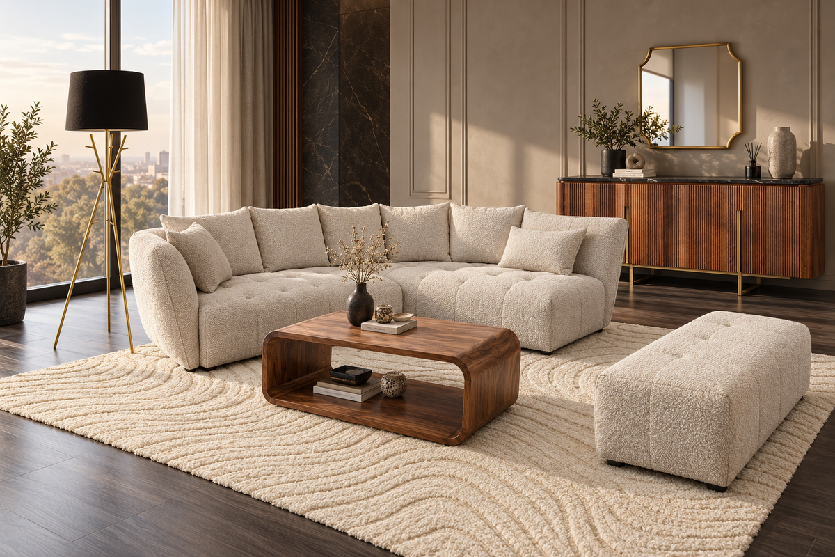 Pachet Complet Living Invicta Interior (6 Piese) – Canapea XL & Banchetă ROYAL, Comodă GATSBY, Măsuță CUBUS, Lampadar WARDROBE și Covor WAVE |  Transport Inclus