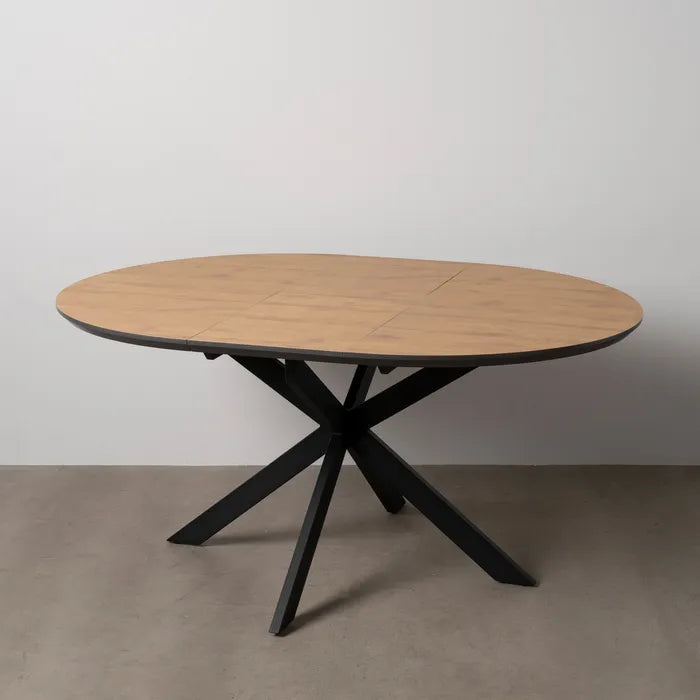 Masă extensibilă dining | MDF și Metal | Stejar Natural & Negru | Design Rotund Modern 120(160)x120x76 cm