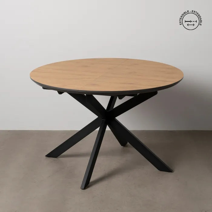 Masă extensibilă dining | MDF și Metal | Stejar Natural & Negru | Design Rotund Modern 120(160)x120x76 cm