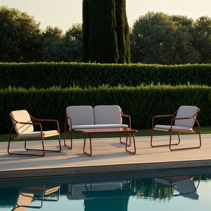 Set Mobilier Grădină STEEL Modern – 4 Piese cu Masă din Sticlă Securizată