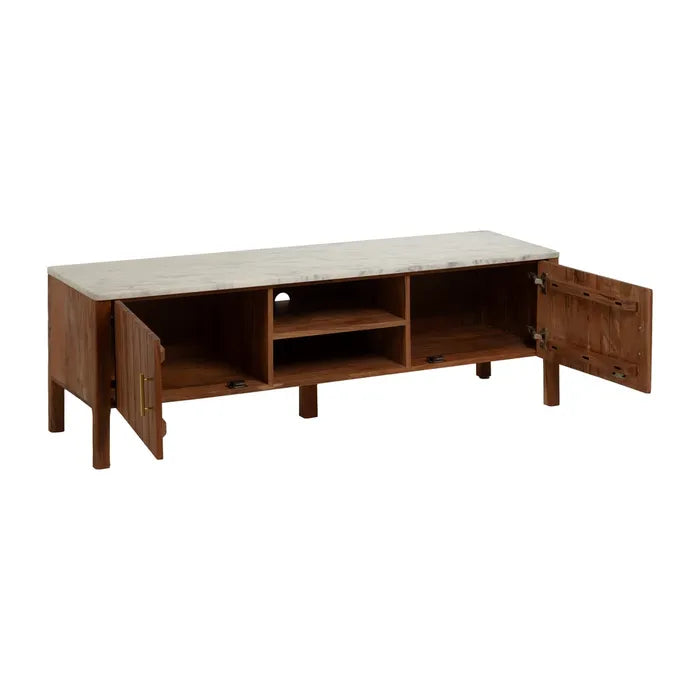 Comodă TV din lemn de salcâm și blat de marmură 141 cm – design modern cu accente de lux