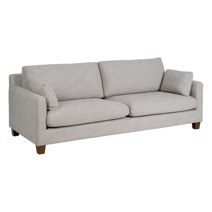 Canapea 3 locuri gri din lemn și țesătură tip weave – design modern și textură sofisticată