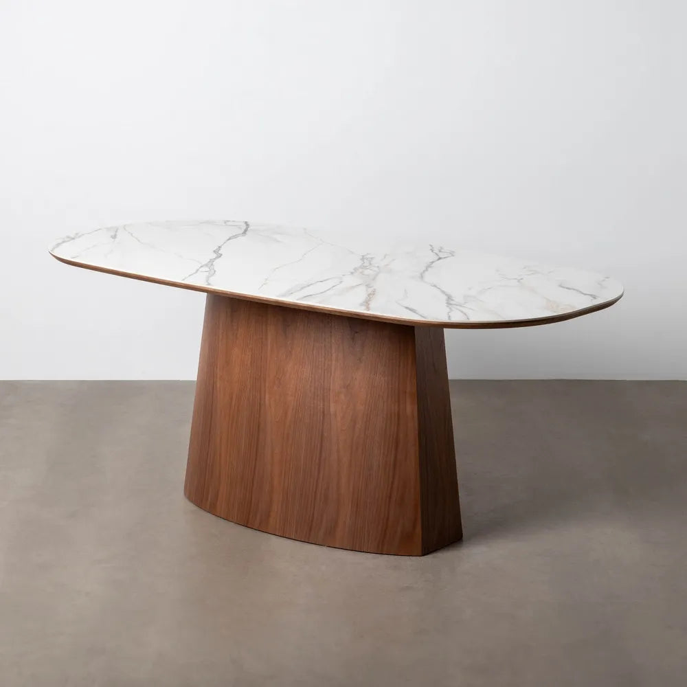 Masă Dining Ixia, Dreptunghiulară, Blat Ceramic cu Aspect Marmură Alb-Maronie și MDF, 180 x 90 x 75 cm