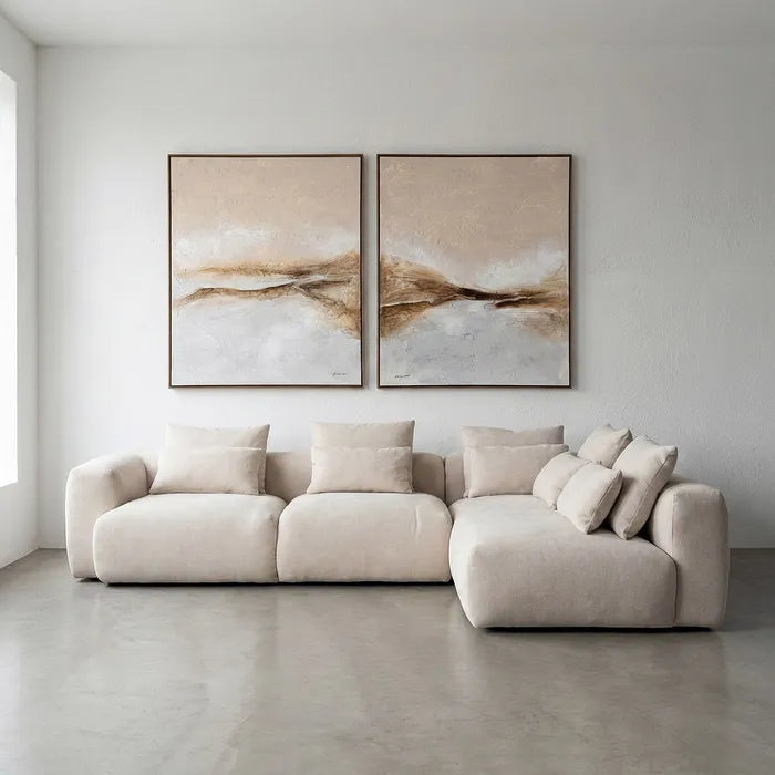 Canapea Chaise Longue Dreapta, Material Textil Crem, 307 x 202 x 81 cm