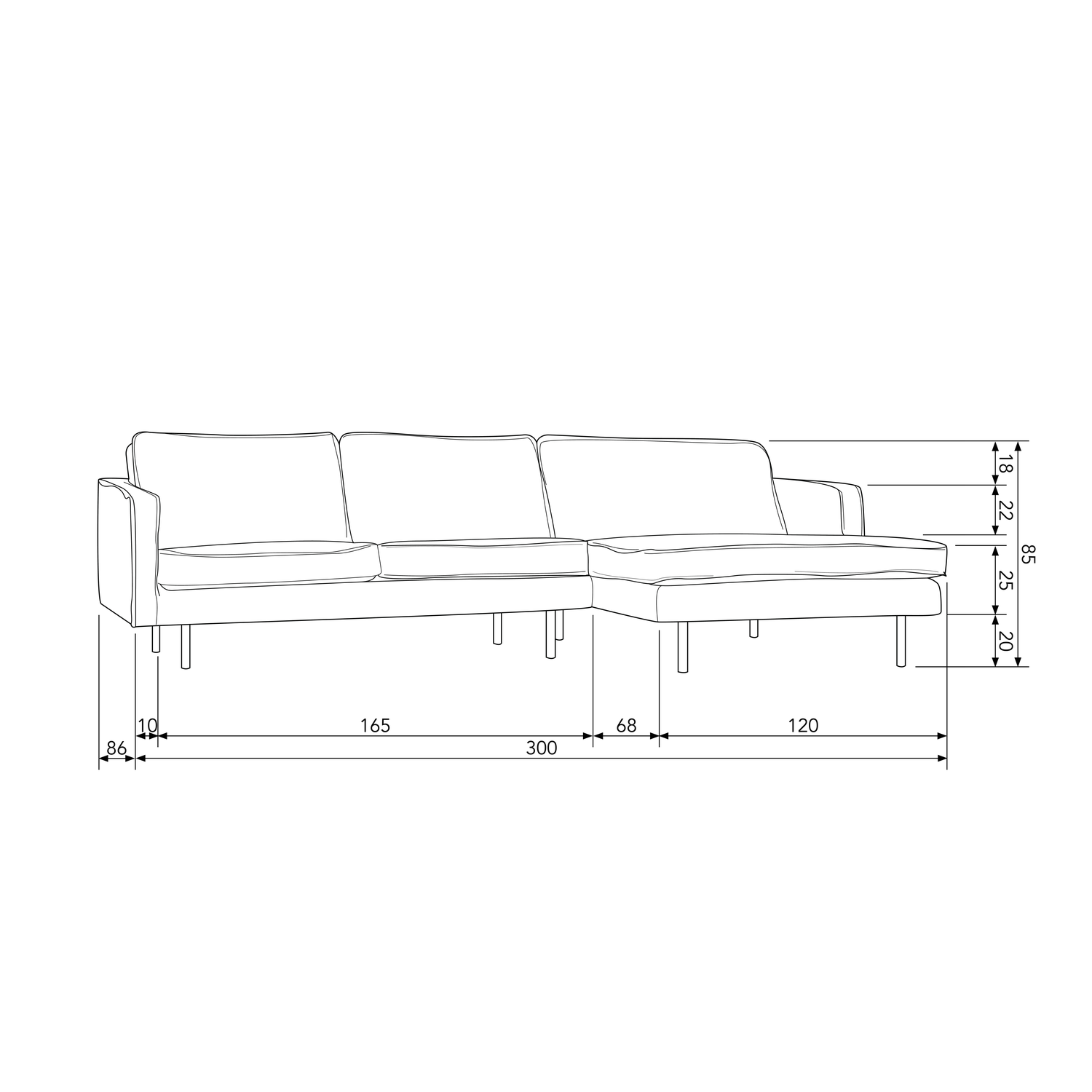 WOOOD canapea colt RODEO CHAISE LONGUE | 100% Pes | Albastru | 85x300x155 cm