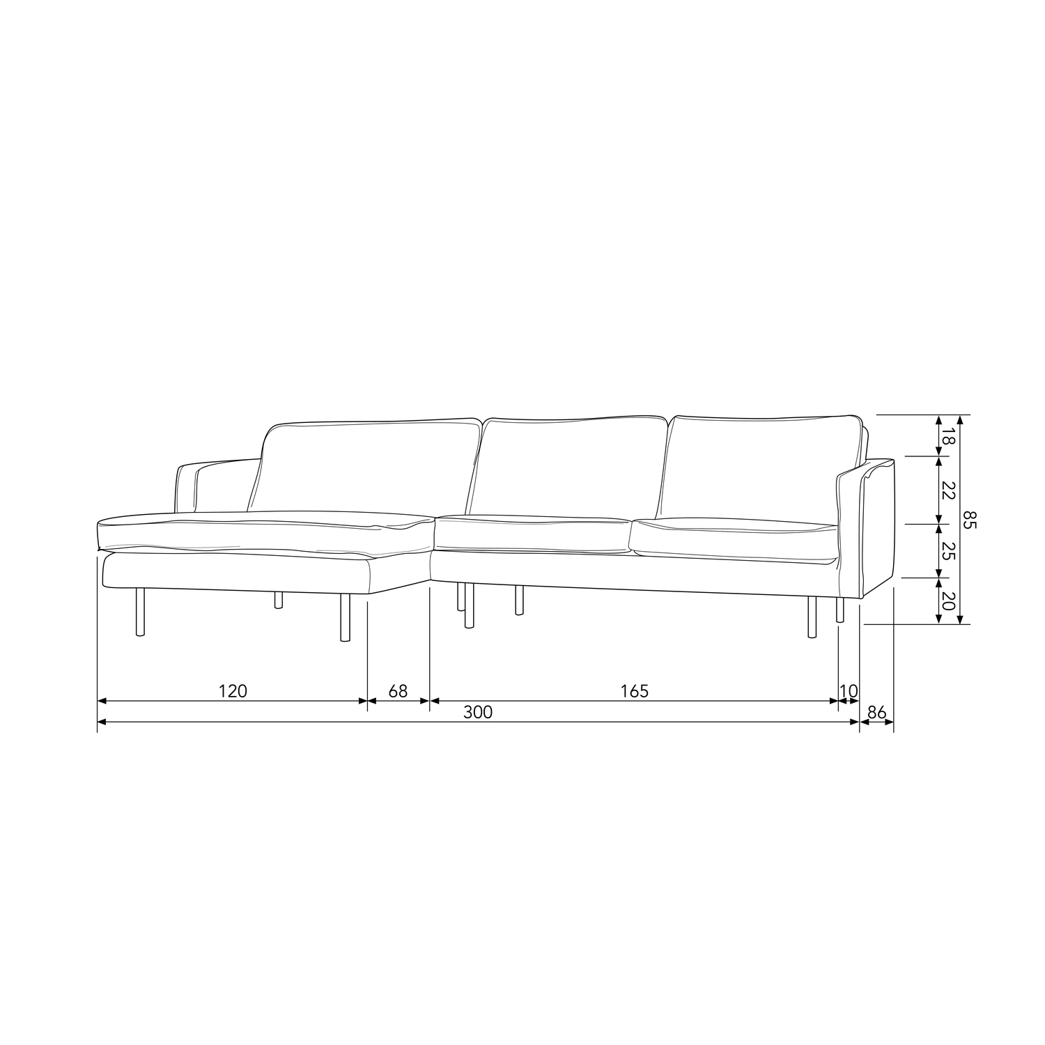 WOOOD canapea colt RODEO CHAISE LONGUE | 100% Pes | Galben | 85x300x155 cm