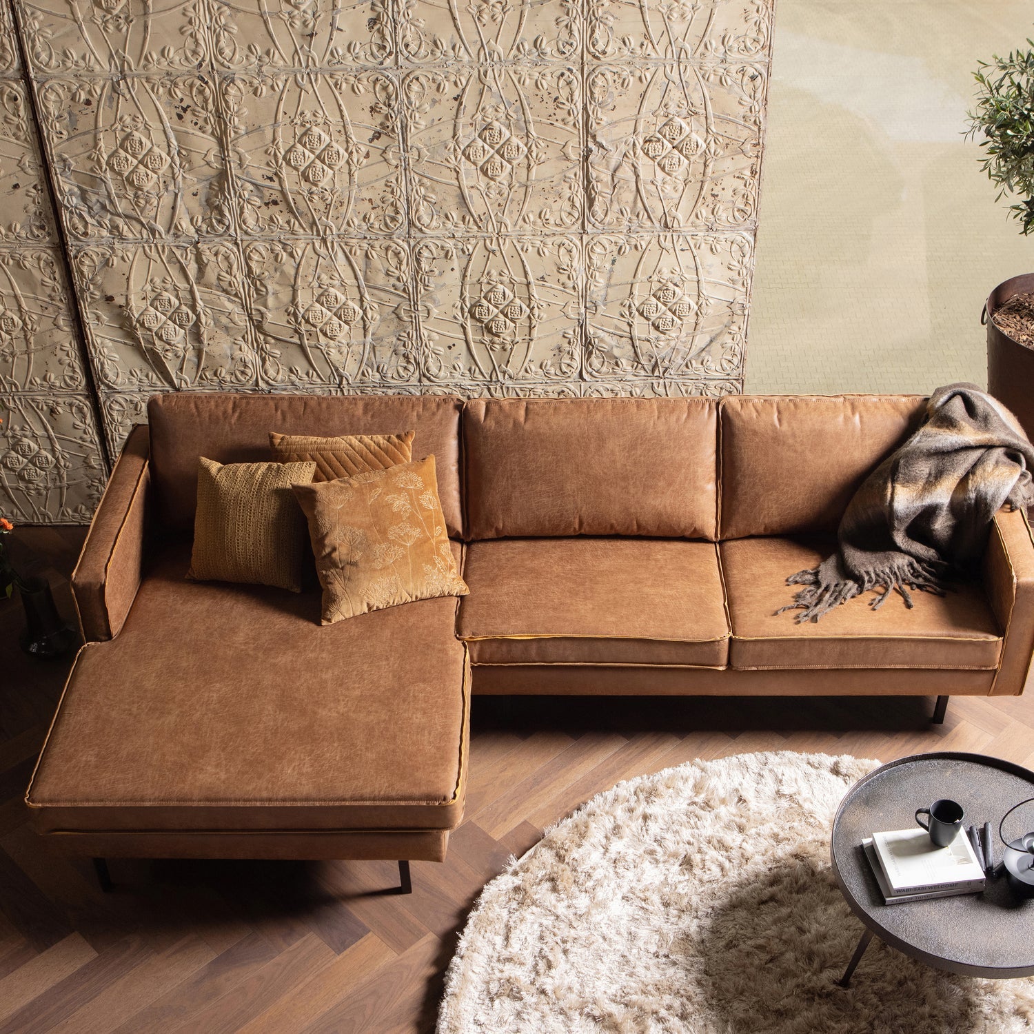 WOOOD canapea colt RODEO CHAISE LONGUE | Piele | Coniac | 85x300x155 cm