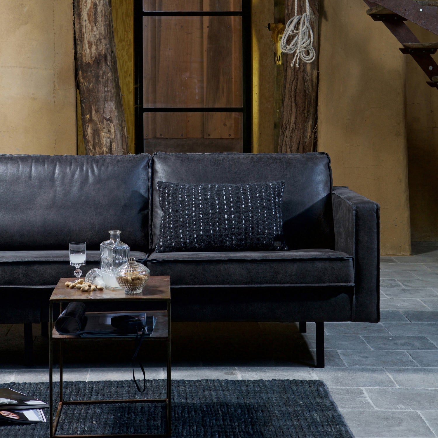 WOOOD canapea colt RODEO CHAISE LONGUE | Piele | Negru | 85x300x155 cm