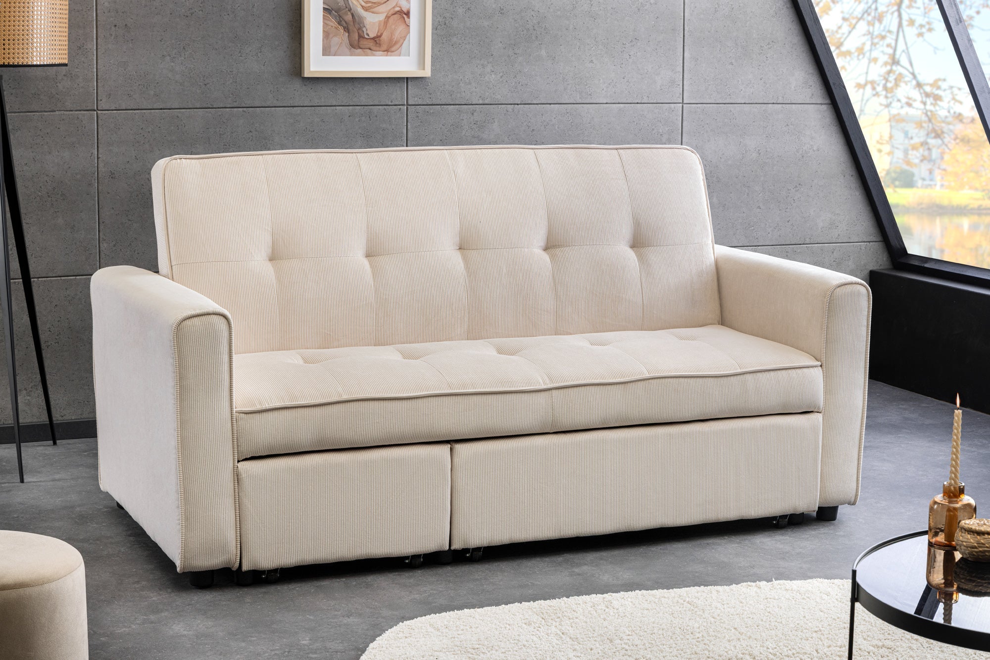 Invicta Canapea extensibilă SMART - 180cm, 2 Locuri | Țesătură Cord, Bej | 180x95x90 cm