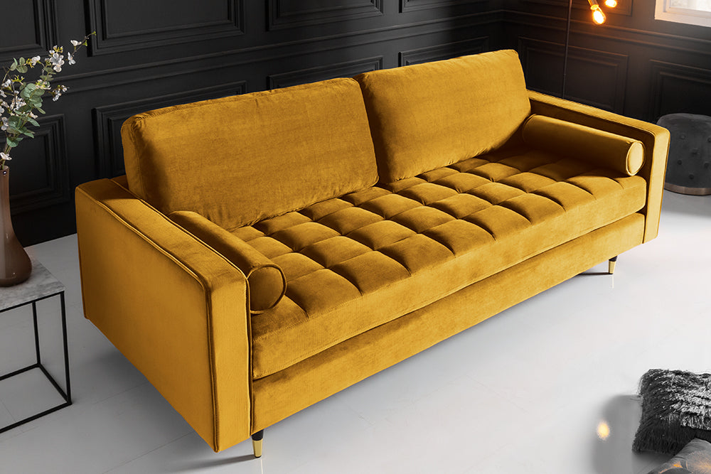 Invicta Canapea COZY VELVET - 220cm, 3 Locuri | Catifea, Galben Muștar | 220x90x85 cm