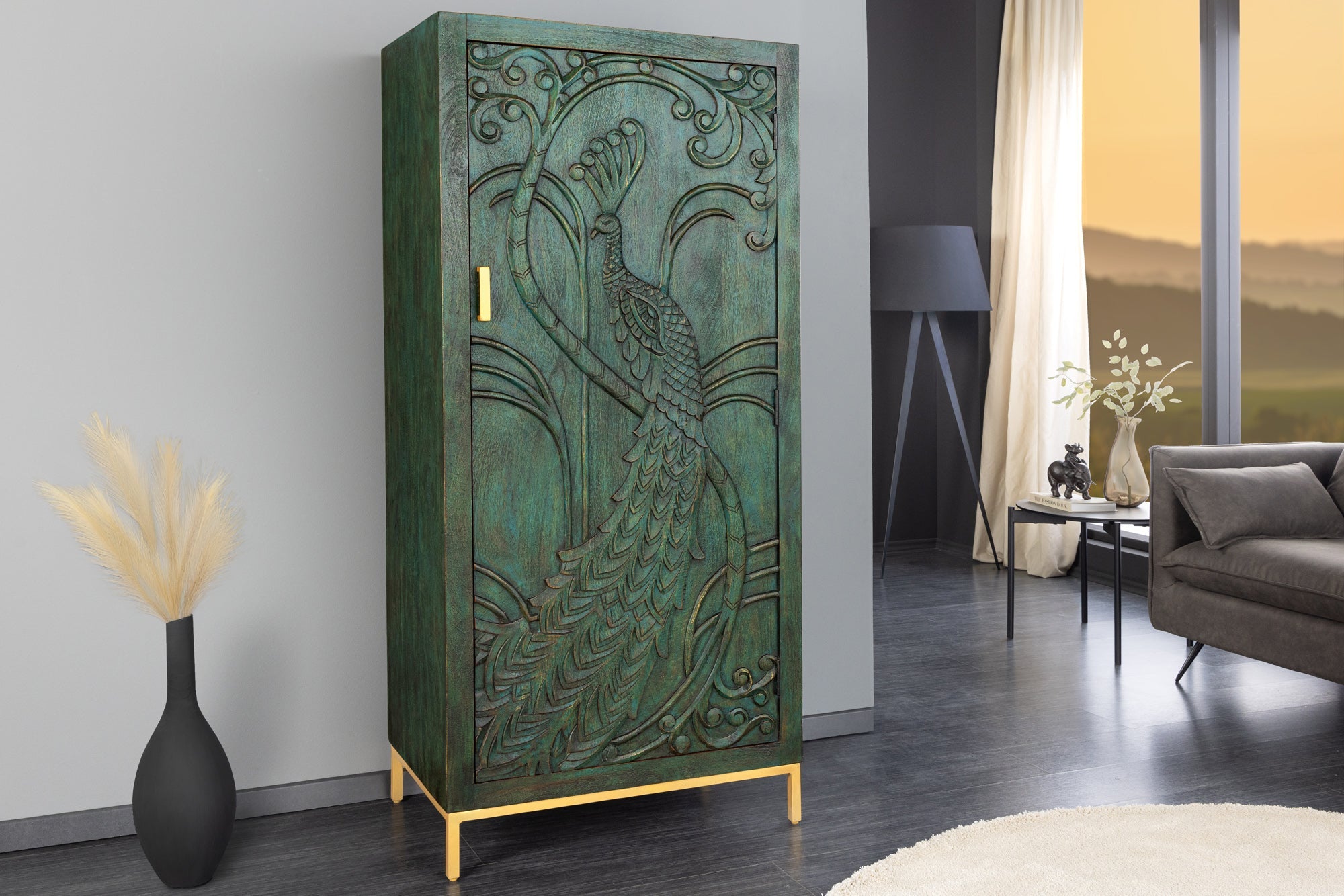 Invicta Vitrină înaltă PEACOCK - 170cm | Mango, Auriu | 72x166x45 cm
