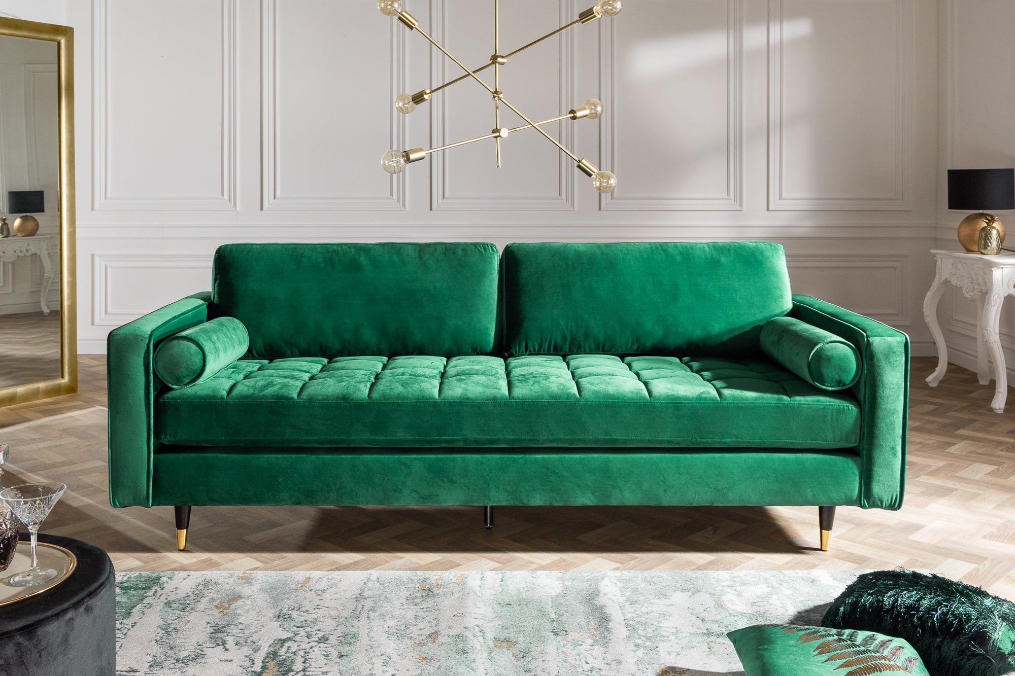 Invicta Canapea COZY VELVET - 220cm, 3 Locuri | Catifea, Verde | 220x90x85 cm