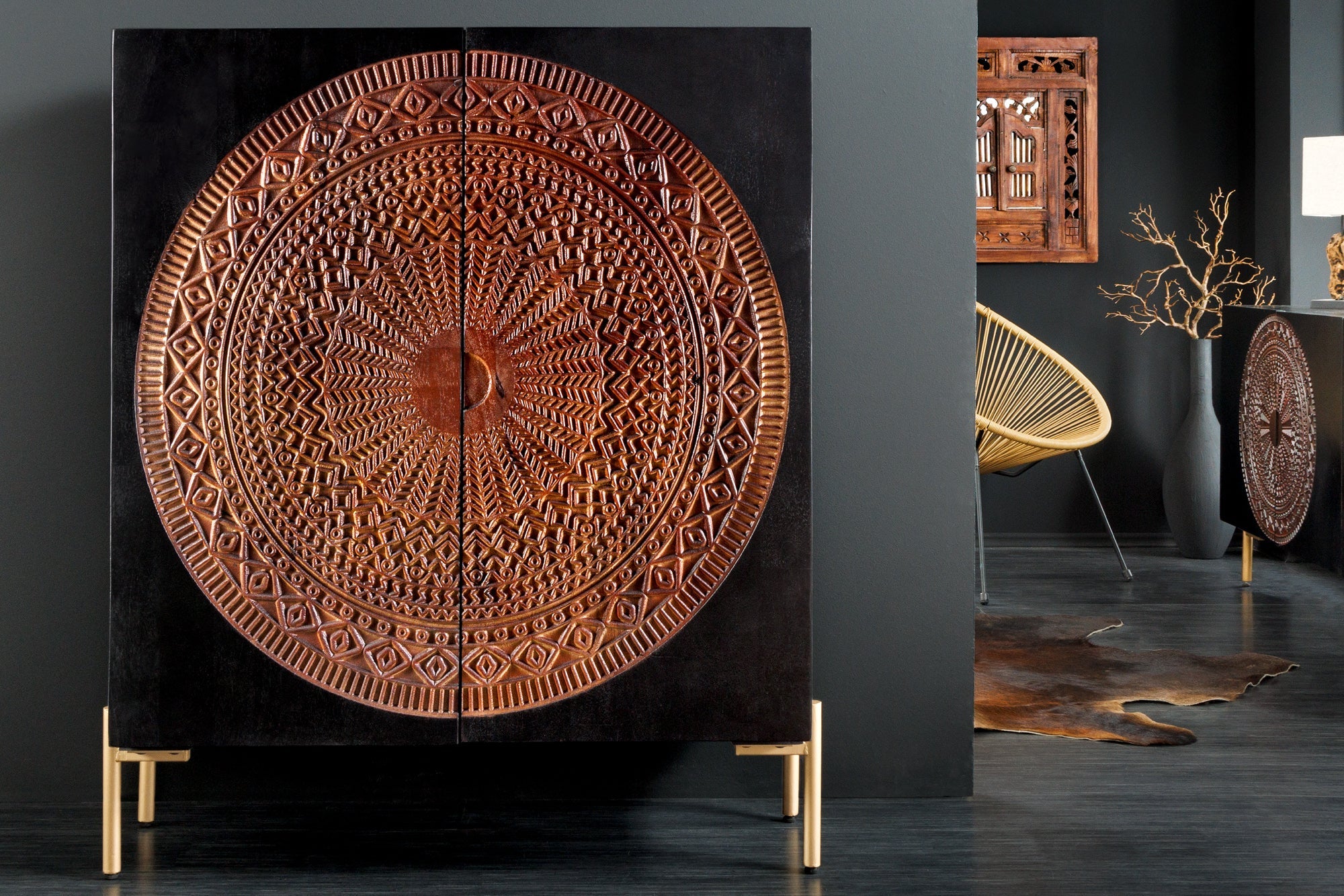 Invicta Vitrină înaltă MANDALA - 120cm | Mango, Negru | 105x120x38 cm