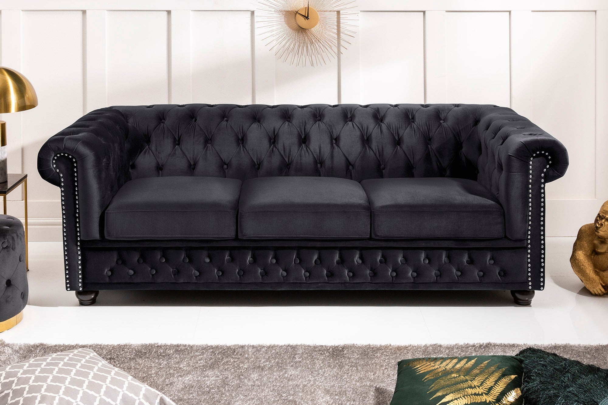 Invicta Canapea CHESTERFIELD - 205cm, 3 Locuri | Catifea, Negru | 205x73x85 cm