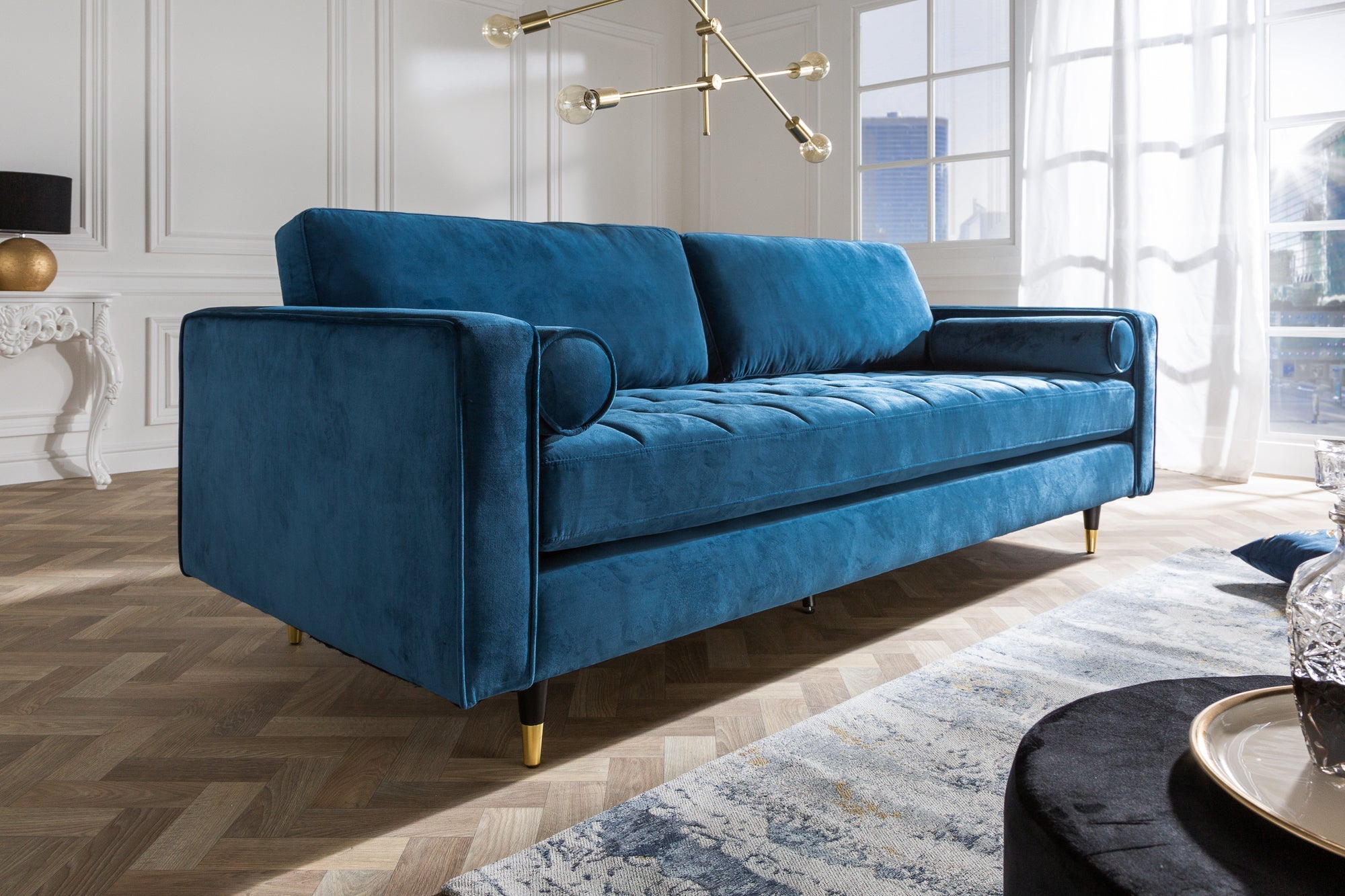 Invicta Canapea COZY VELVET - 220cm, 3 Locuri | Catifea, Albastru | 220x90x85 cm
