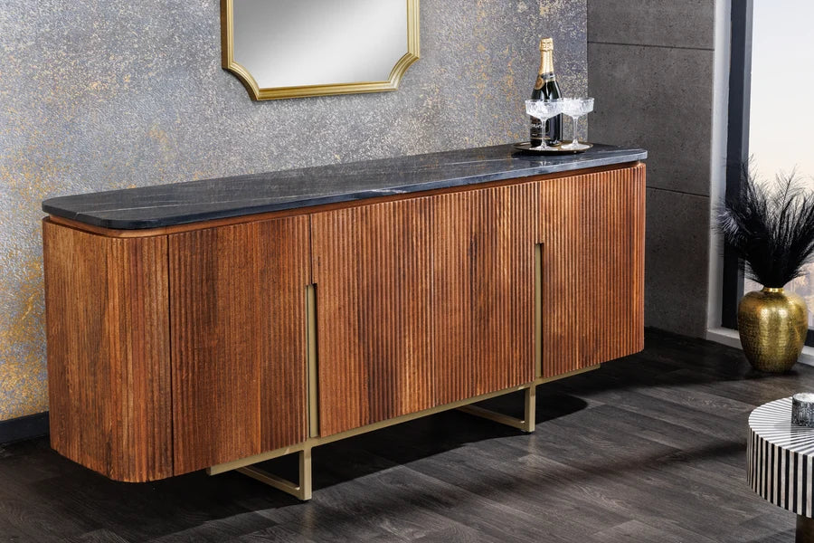 Comodă / Sideboard Invicta Interior GATSBY 160 cm, Stil Retro, Lemn Masiv de Mango, Blat din Marmură Neagră și Accente Aurii