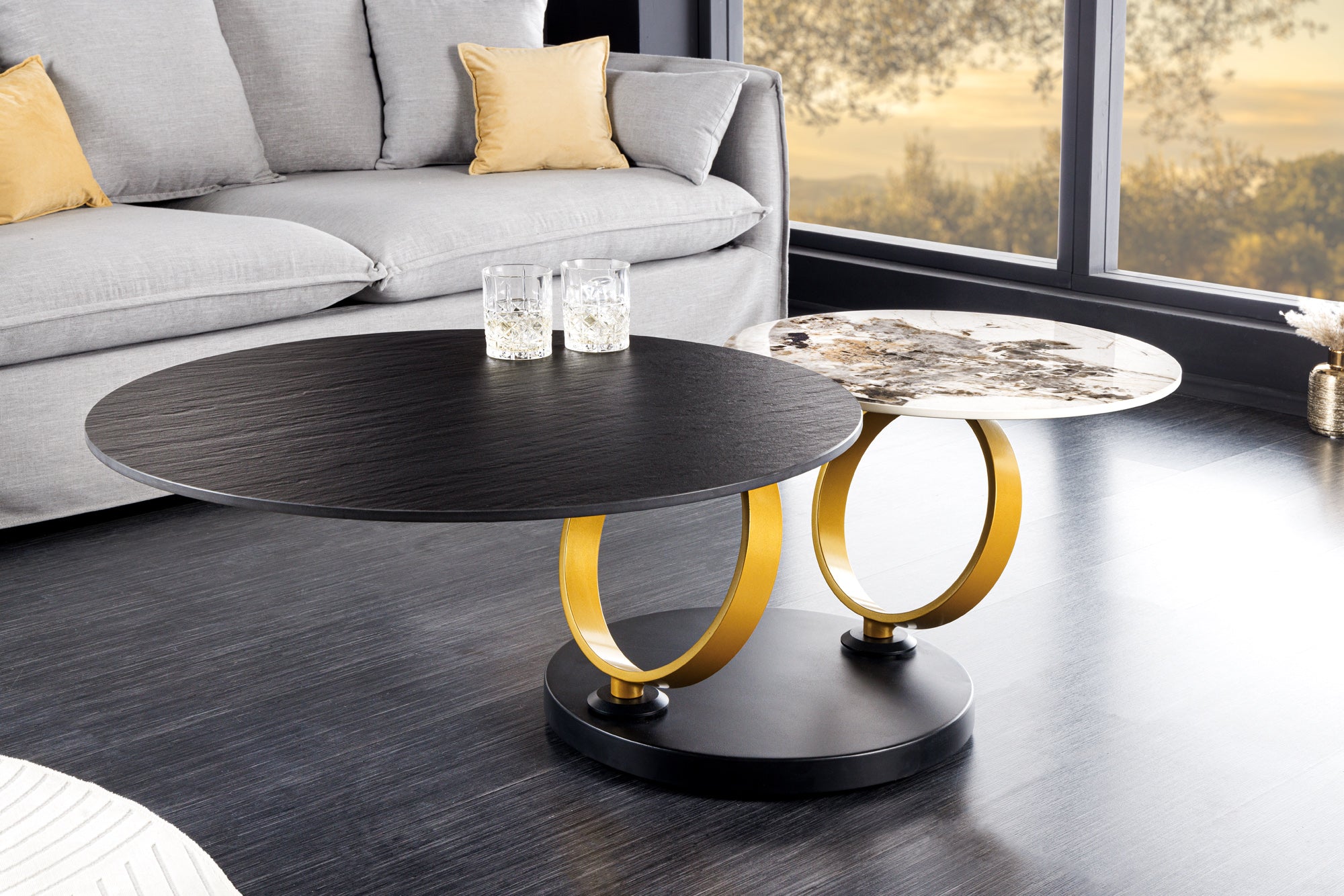 Invicta Masă cafea DANCING RINGS - 135cm | Negru | 135x44x80 cm
