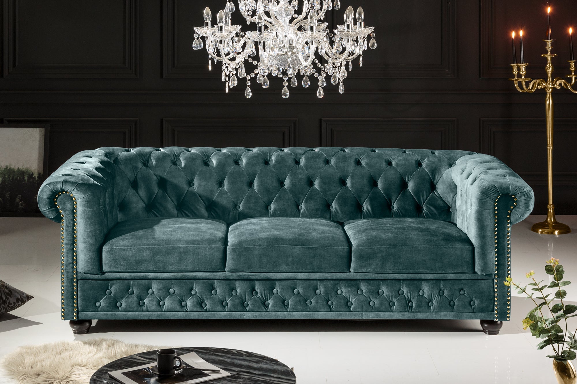 Invicta Canapea CHESTERFIELD - 205cm, 3 Locuri | Catifea | 205x73x87 cm