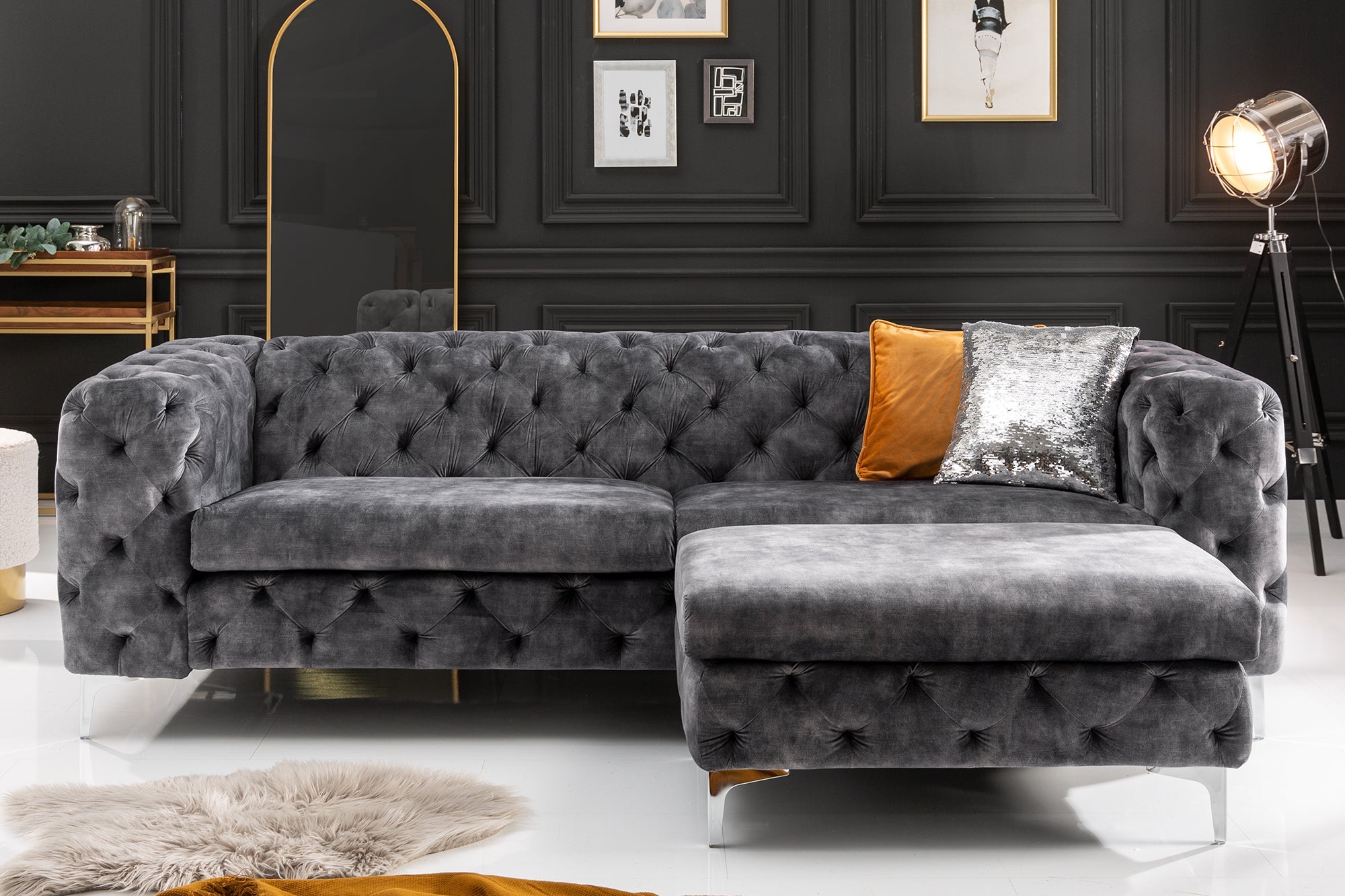 Invicta Canapea MODERN BAROCK - 240cm, 3 Locuri | Catifea, Gri | 235x72x95 cm