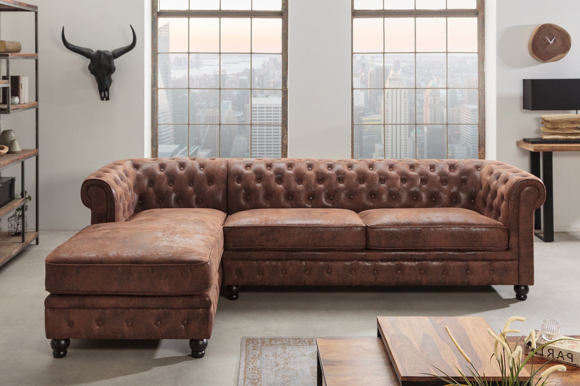 Invicta Canapea CHESTERFIELD - 270cm | Microfibră, Maro | 280x85x73 cm