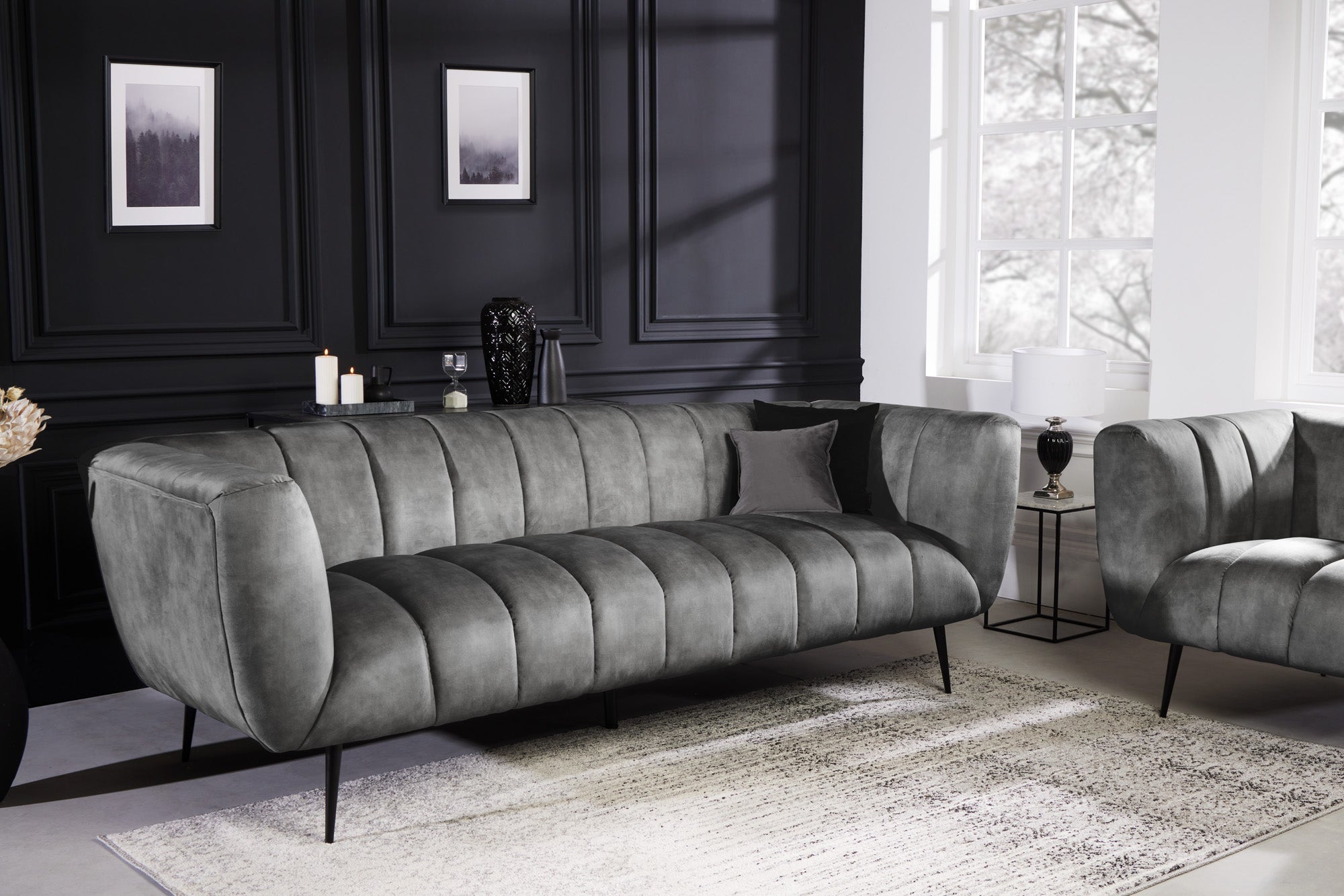 Invicta Canapea NOBLESSE - 225cm, 3 Locuri | Catifea, Negru | 225x80x90 cm