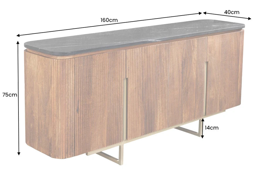 Comodă / Sideboard Invicta Interior GATSBY 160 cm, Stil Retro, Lemn Masiv de Mango, Blat din Marmură Neagră și Accente Aurii
