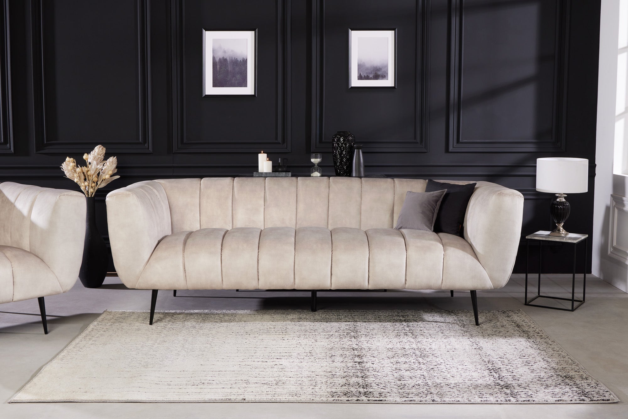 Invicta Canapea NOBLESSE - 225cm, 3 Locuri | Catifea, Țesătură Texturată, Negru | 225x80x90 cm